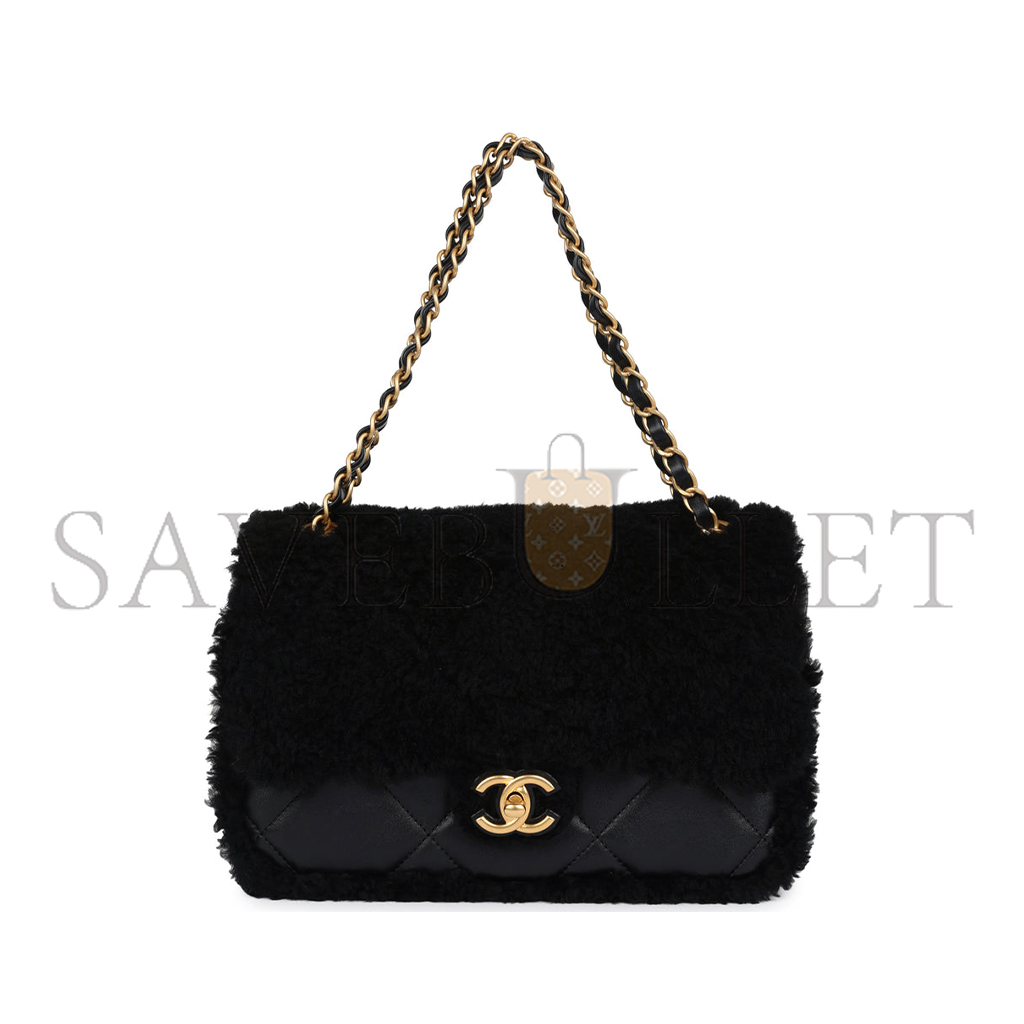 CHANEL MEDIUM SHEARLING FLAP BAG BLACK LAMBSKIN BRUSHED GOLD HARDWARE  (23.5*16*7.5cm)